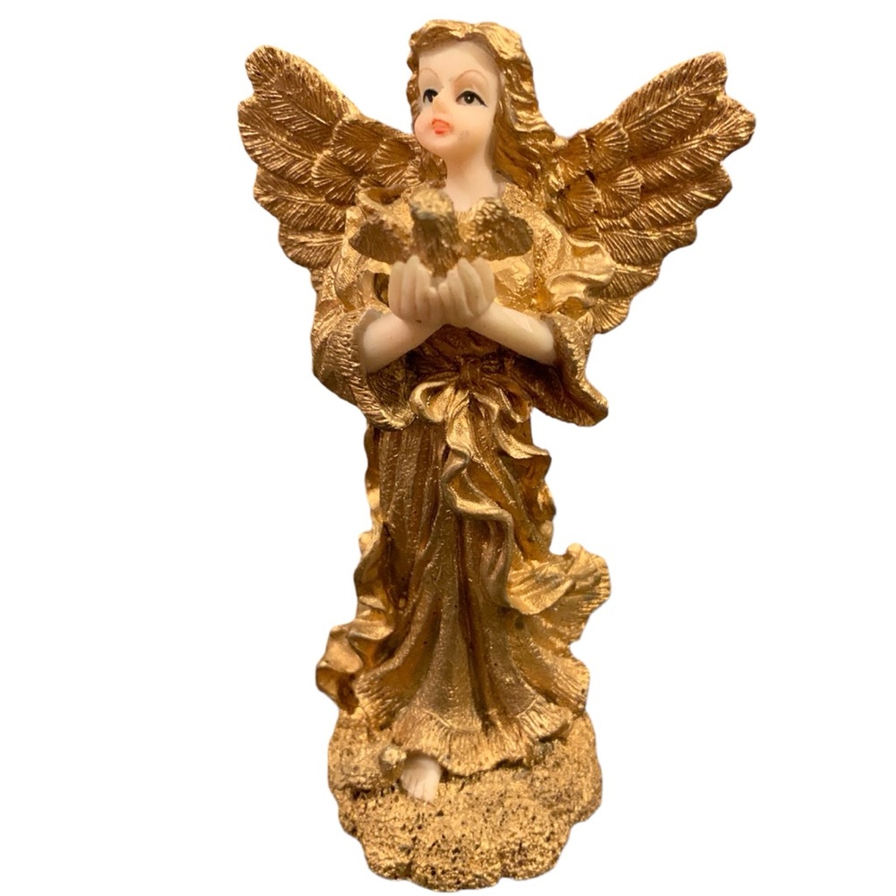 5” H Hand Painted Angel Sculpture Holding a Bird Ceramic